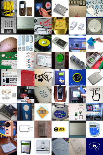 Photographs of visual references for touch-based interaction: Oyster card readers, contactless payment symbols, pedestrian crossing buttons, Japanese ticketing signage
