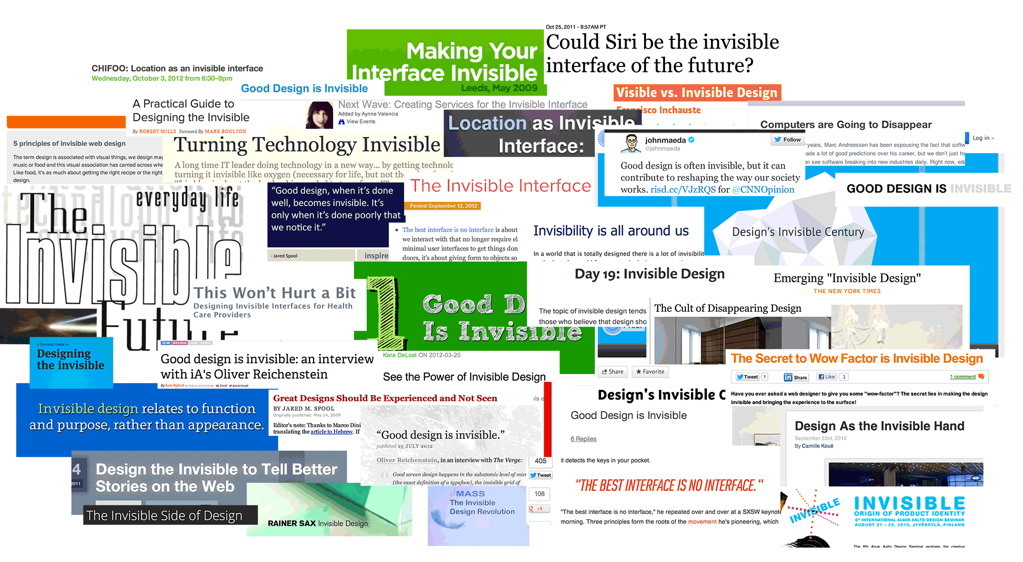 A grid of article headlines and blog-post screenshots arguing that the best design is invisible, that UI should disappear, and that the best interface is no interface